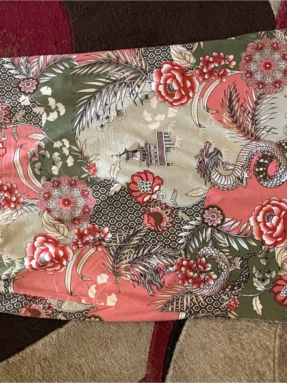 Vintage Natori Silky Maxi Gown Robe Coral & Olive Long Split Sleeve & Pockets - Picture 10 of 10